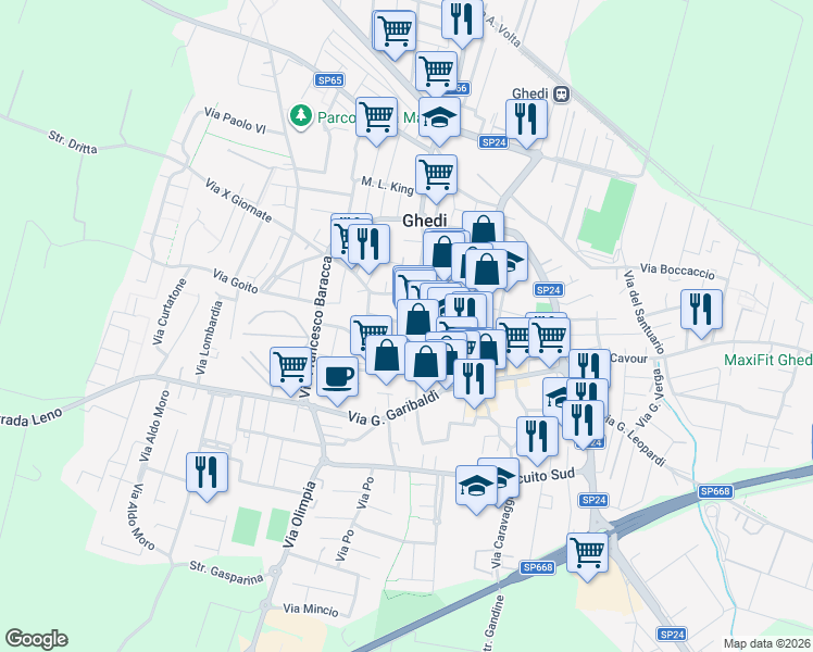 map of restaurants, bars, coffee shops, grocery stores, and more near 5 Via Gorizia in Ghedi
