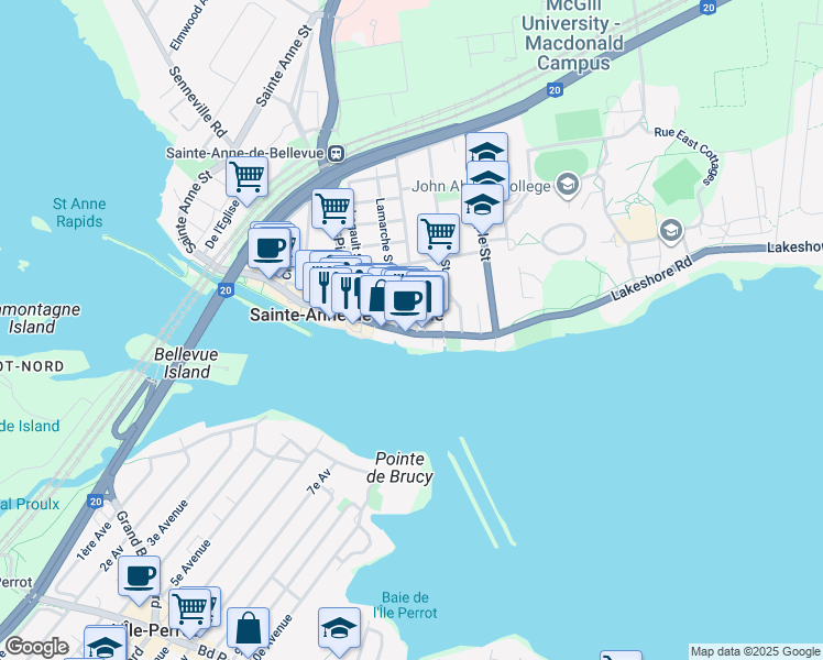 map of restaurants, bars, coffee shops, grocery stores, and more near 47 Rue Sainte-Anne in Sainte-Anne-de-Bellevue