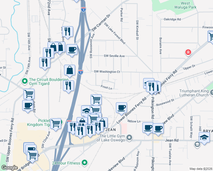 map of restaurants, bars, coffee shops, grocery stores, and more near 6187 Frost Lane in Lake Oswego