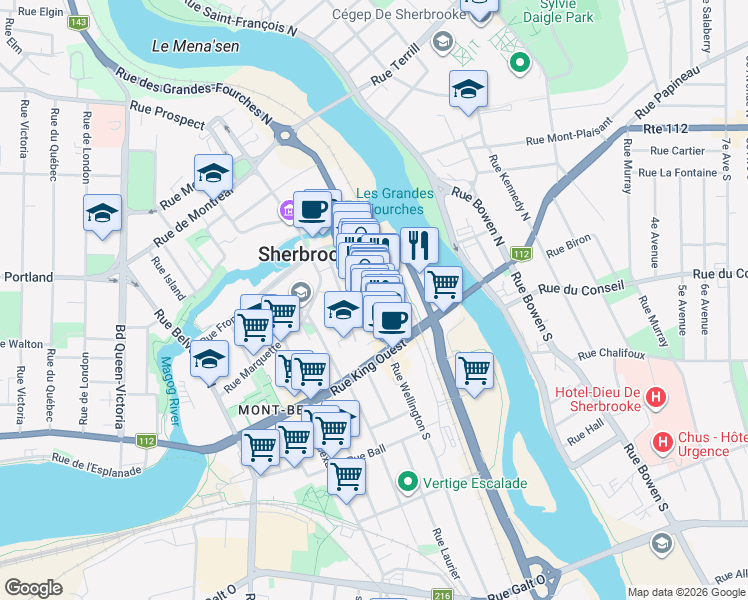 map of restaurants, bars, coffee shops, grocery stores, and more near 64 Rue Webster in Sherbrooke