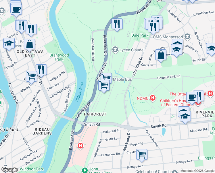 map of restaurants, bars, coffee shops, grocery stores, and more near 1735 Frobisher Lane in Ottawa