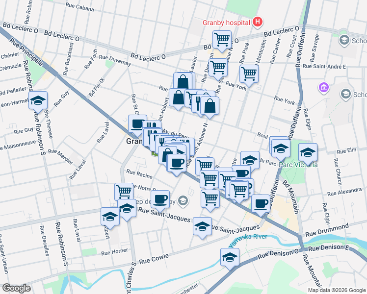 map of restaurants, bars, coffee shops, grocery stores, and more near 35 Rue Phoenix in Granby