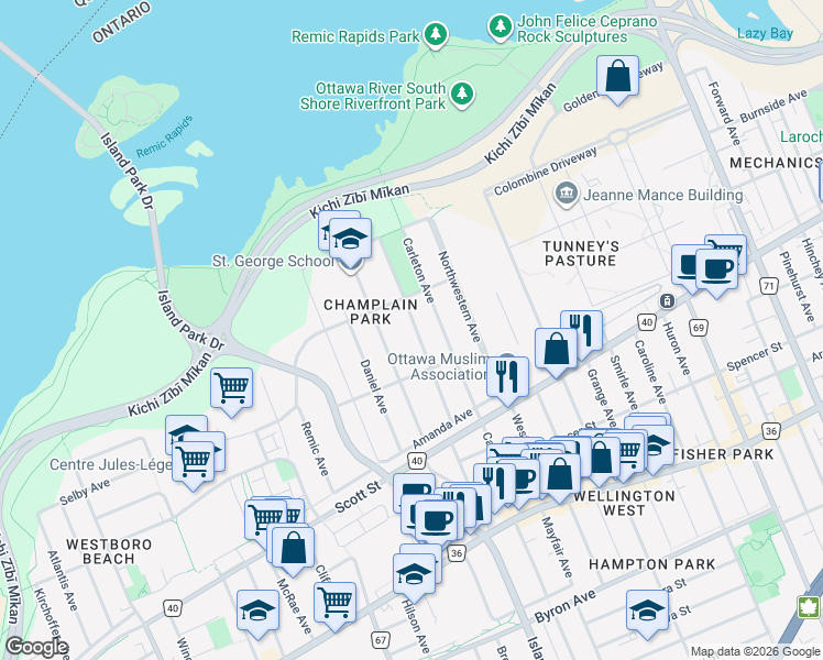 map of restaurants, bars, coffee shops, grocery stores, and more near 192 Cowley Avenue in Ottawa