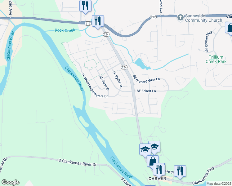map of restaurants, bars, coffee shops, grocery stores, and more near 15638 Southeast Eckert Lane in Damascus