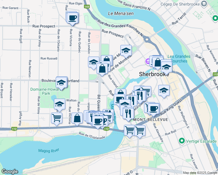 map of restaurants, bars, coffee shops, grocery stores, and more near 270 Rue Belvédère Nord in Sherbrooke