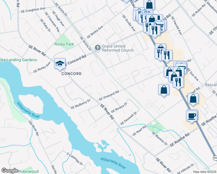 map of restaurants, bars, coffee shops, grocery stores, and more near 16606 Southeast Blanton Street in Milwaukie