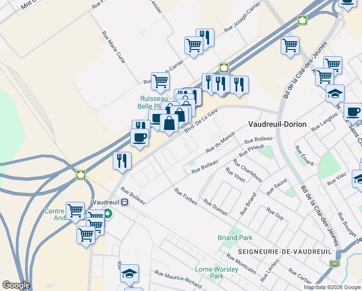 map of restaurants, bars, coffee shops, grocery stores, and more near 3169 Boulevard De La Gare in Vaudreuil-Dorion