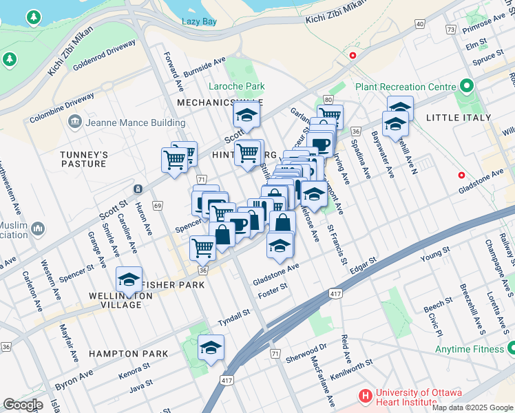 map of restaurants, bars, coffee shops, grocery stores, and more near 226 Carruthers Avenue in Ottawa