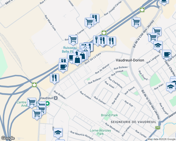 map of restaurants, bars, coffee shops, grocery stores, and more near 3177 Boulevard De La Gare in Vaudreuil-Dorion