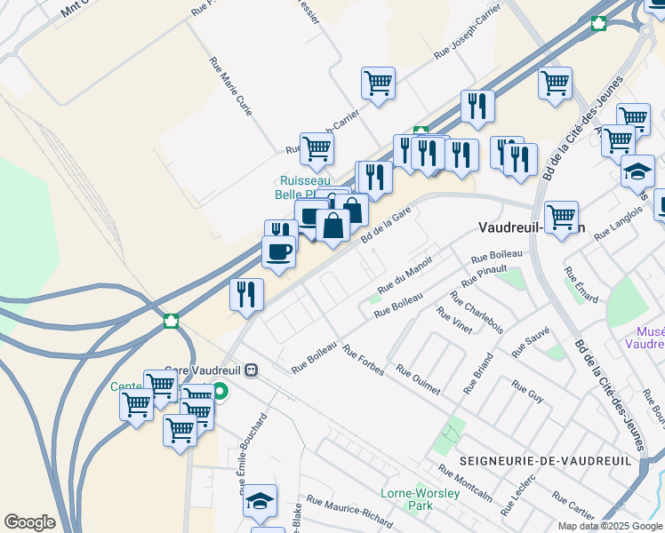 map of restaurants, bars, coffee shops, grocery stores, and more near 3157 Boulevard de la Gare in Vaudreuil-Dorion