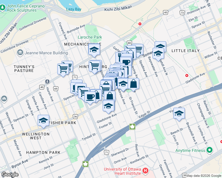 map of restaurants, bars, coffee shops, grocery stores, and more near in Ottawa
