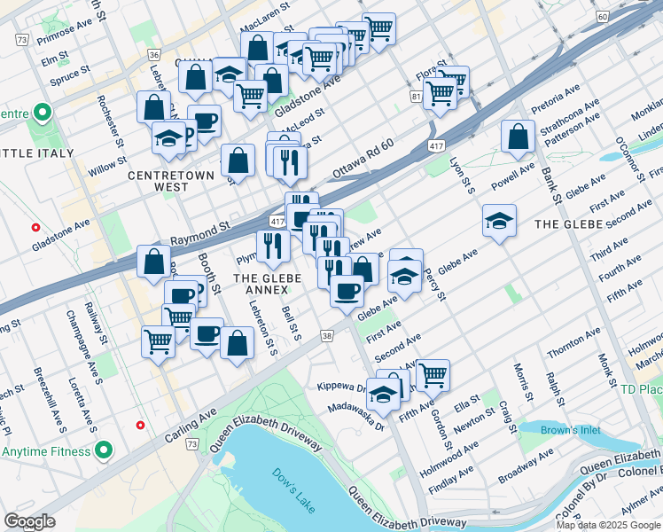 map of restaurants, bars, coffee shops, grocery stores, and more near in Ottawa