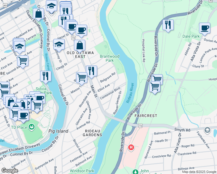 map of restaurants, bars, coffee shops, grocery stores, and more near 50 Elliot Avenue in Ottawa
