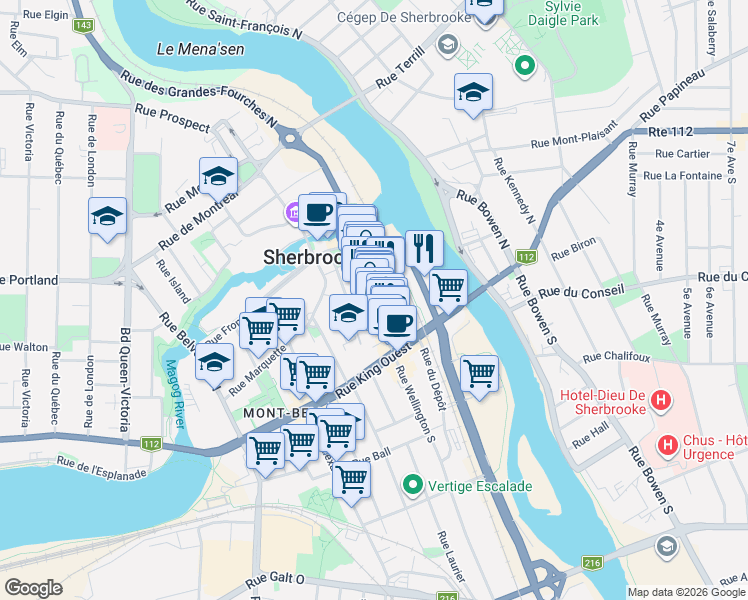 map of restaurants, bars, coffee shops, grocery stores, and more near 98 Rue Wellington Nord in Sherbrooke