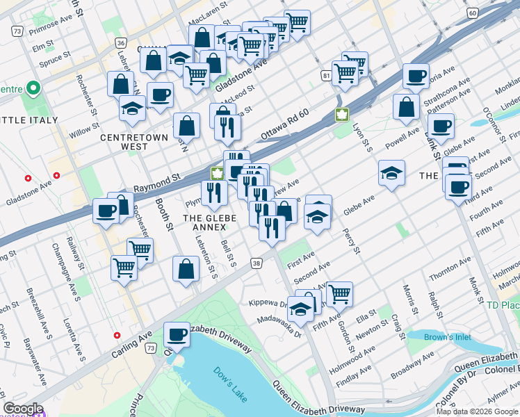 map of restaurants, bars, coffee shops, grocery stores, and more near 144 Renfrew Avenue in Ottawa