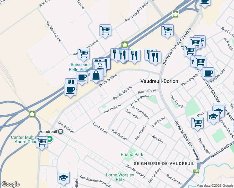 map of restaurants, bars, coffee shops, grocery stores, and more near 2688 Rue du Manoir in Vaudreuil-Dorion