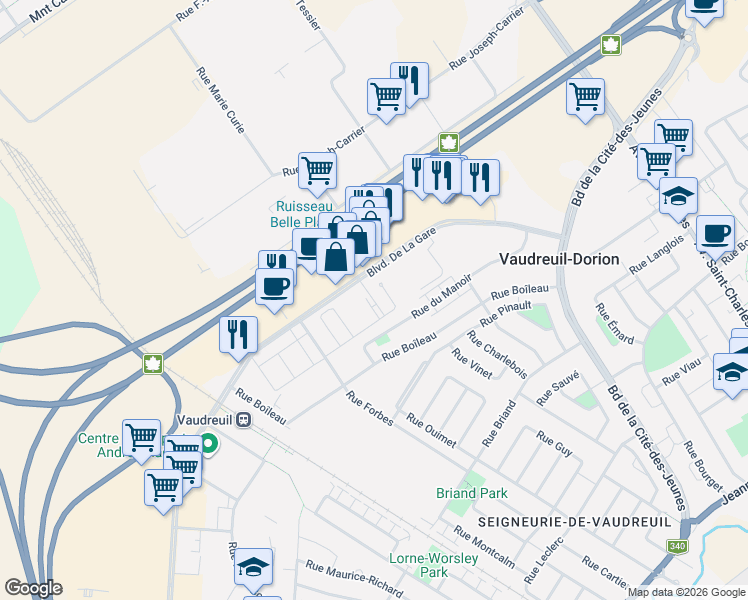 map of restaurants, bars, coffee shops, grocery stores, and more near 3169 Boulevard De La Gare in Vaudreuil-Dorion