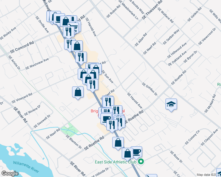 map of restaurants, bars, coffee shops, grocery stores, and more near 16515 Southeast Sun Avenue in Milwaukie
