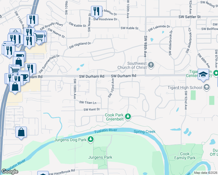 map of restaurants, bars, coffee shops, grocery stores, and more near 10230 Southwest Elise Court in Tigard