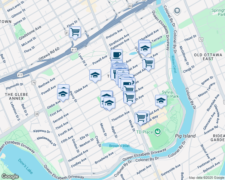 map of restaurants, bars, coffee shops, grocery stores, and more near 724 Bank Street in Ottawa