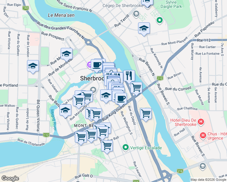 map of restaurants, bars, coffee shops, grocery stores, and more near 98 Rue Wellington Nord in Sherbrooke