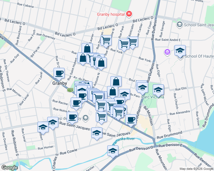 map of restaurants, bars, coffee shops, grocery stores, and more near 249 Avenue du Parc in Granby
