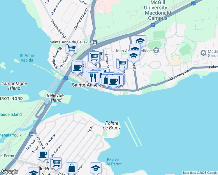 map of restaurants, bars, coffee shops, grocery stores, and more near 47 Rue Sainte-Anne in Sainte-Anne-de-Bellevue