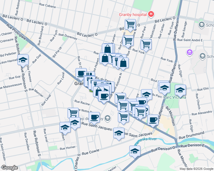 map of restaurants, bars, coffee shops, grocery stores, and more near 46 Rue Phoenix in Granby