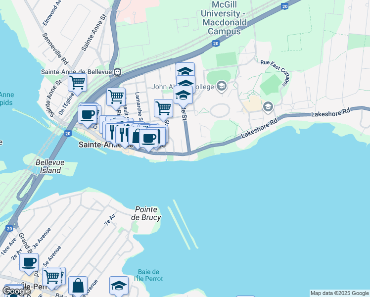 map of restaurants, bars, coffee shops, grocery stores, and more near 4 Rue Maple in Sainte-Anne-de-Bellevue