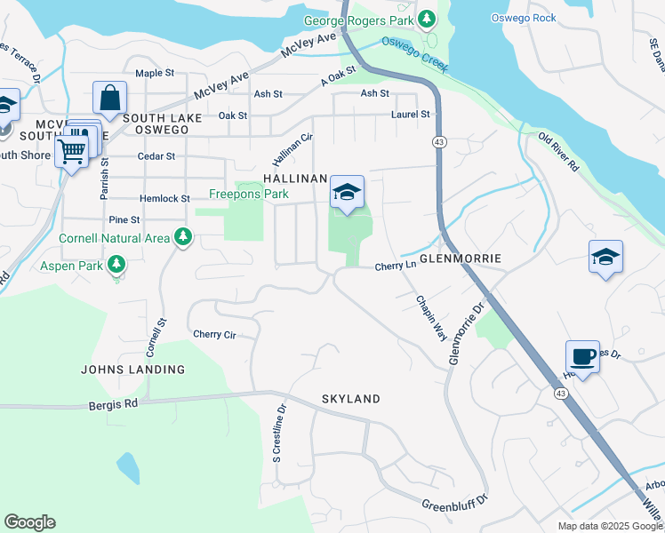map of restaurants, bars, coffee shops, grocery stores, and more near 1675 Hallinan Street in Lake Oswego