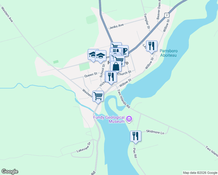 map of restaurants, bars, coffee shops, grocery stores, and more near 33 Victoria Street in Parrsboro