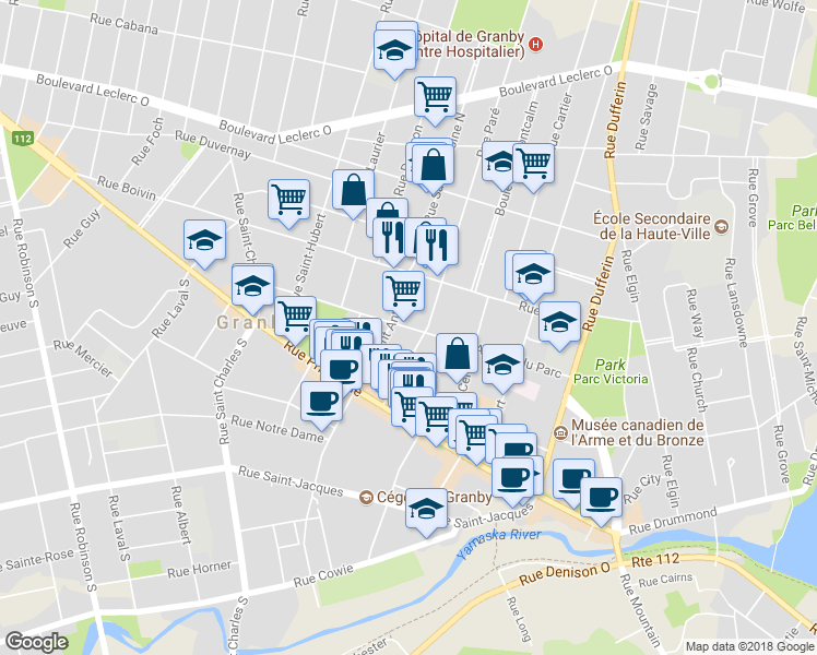 map of restaurants, bars, coffee shops, grocery stores, and more near Avenue du Parc in Granby