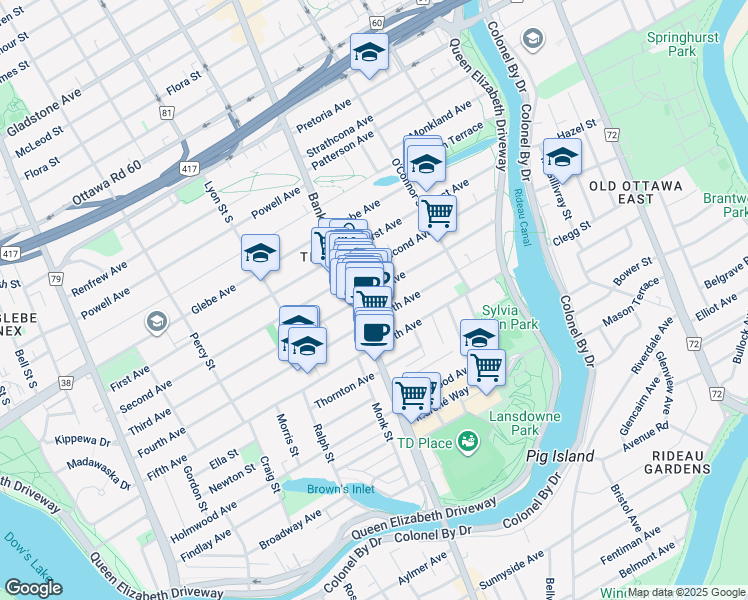 map of restaurants, bars, coffee shops, grocery stores, and more near 94 Third Avenue in Ottawa