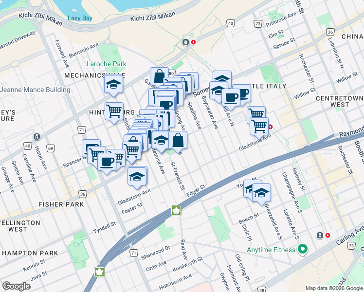 map of restaurants, bars, coffee shops, grocery stores, and more near 31 Fairmont Avenue in Ottawa