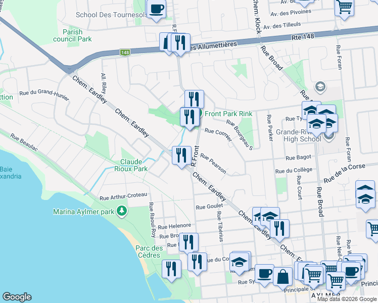 map of restaurants, bars, coffee shops, grocery stores, and more near 111 Rue Front in Gatineau