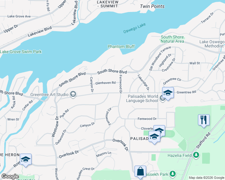 map of restaurants, bars, coffee shops, grocery stores, and more near 2300 Glenhaven Road in Lake Oswego