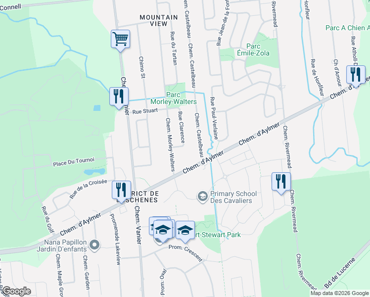 map of restaurants, bars, coffee shops, grocery stores, and more near 26 Rue Clarence in Gatineau