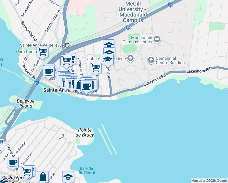 map of restaurants, bars, coffee shops, grocery stores, and more near 1a Rue Maple in Sainte-Anne-de-Bellevue