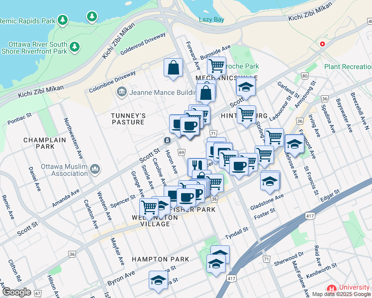 map of restaurants, bars, coffee shops, grocery stores, and more near 11 Holland Avenue in Ottawa
