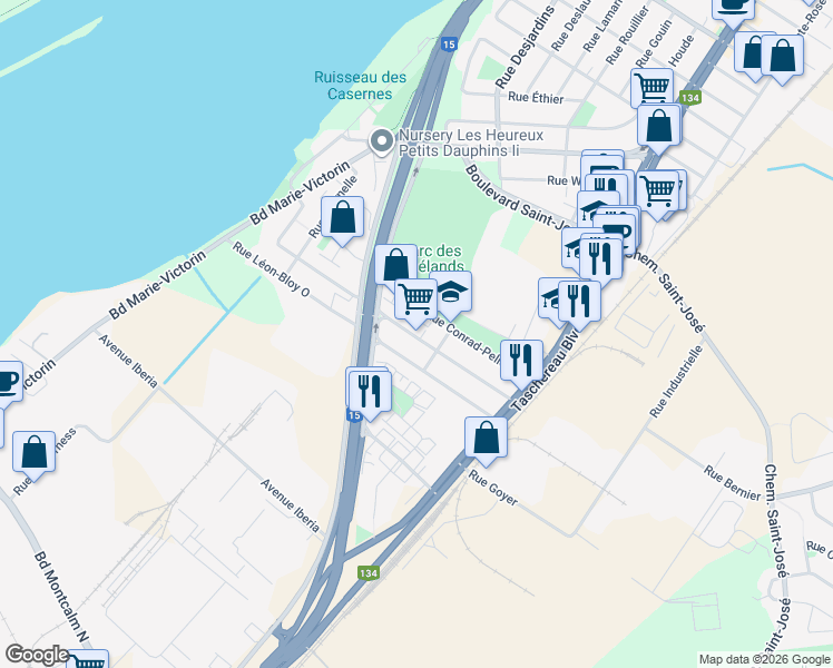 map of restaurants, bars, coffee shops, grocery stores, and more near 369 Rue Charles Péguy Est in La Prairie