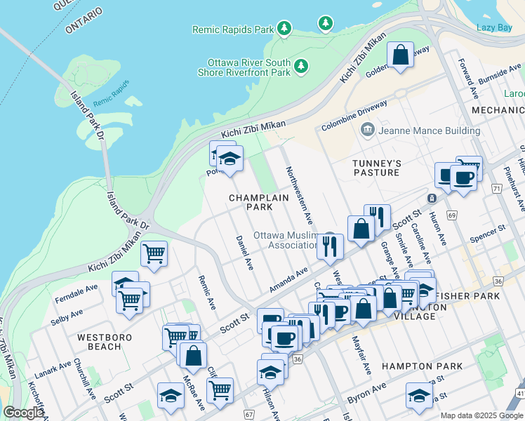 map of restaurants, bars, coffee shops, grocery stores, and more near in Ottawa