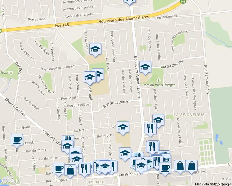 map of restaurants, bars, coffee shops, grocery stores, and more near 21 Croissant de la Paix in Gatineau