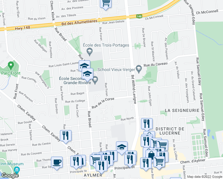 map of restaurants, bars, coffee shops, grocery stores, and more near 21 Croissant de la Paix in Gatineau