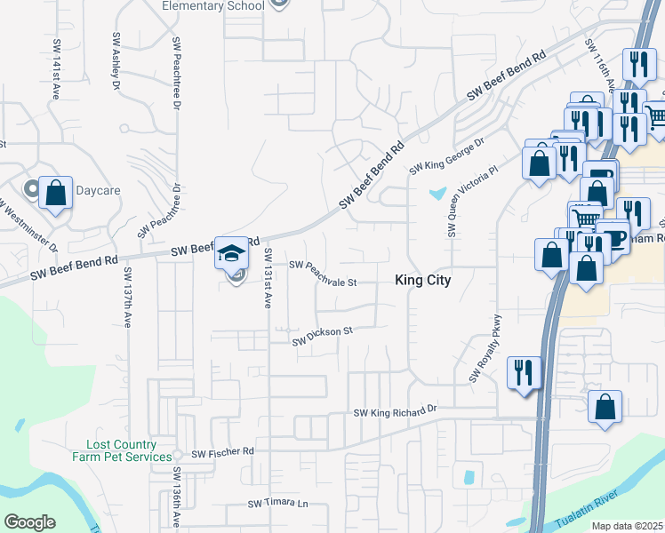 map of restaurants, bars, coffee shops, grocery stores, and more near 16132 Southwest 129th Terrace in Tigard