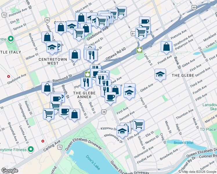 map of restaurants, bars, coffee shops, grocery stores, and more near in Ottawa