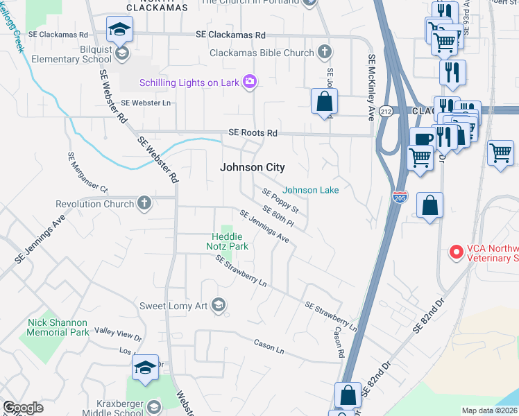 map of restaurants, bars, coffee shops, grocery stores, and more near 16660 Southeast 80th Avenue in Portland