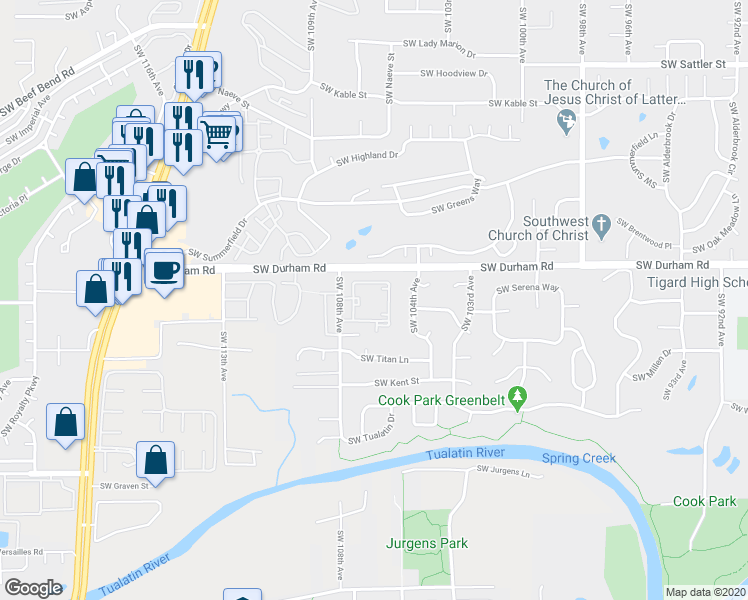 map of restaurants, bars, coffee shops, grocery stores, and more near 16100 Southwest 108th Avenue in Tigard