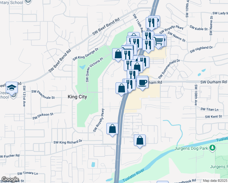 map of restaurants, bars, coffee shops, grocery stores, and more near 15175 Southwest Royalty Court in Portland