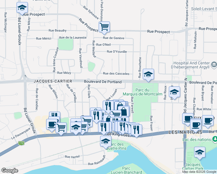 map of restaurants, bars, coffee shops, grocery stores, and more near 2387 Croissant De Rouville in Sherbrooke