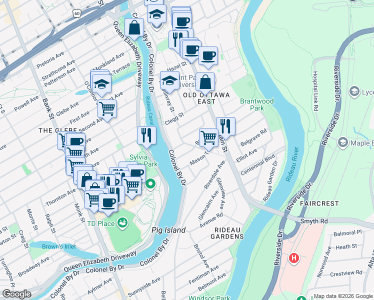 map of restaurants, bars, coffee shops, grocery stores, and more near 13 Bower Street in Ottawa